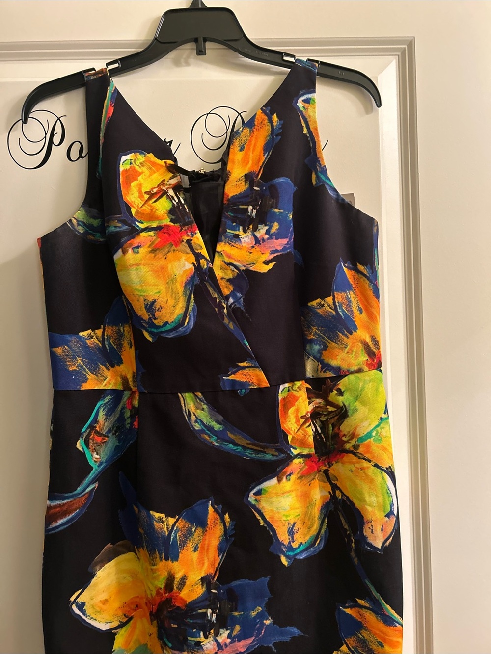 Milly Black Floral Sheath Dress with Yellow & Blue Painterly Blooms